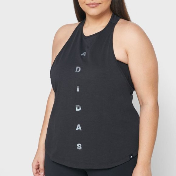 NWT Adidas Plus Size Black Racer Back Tank SZ 1X FM1639 Metallic Logo - Picture 1 of 6